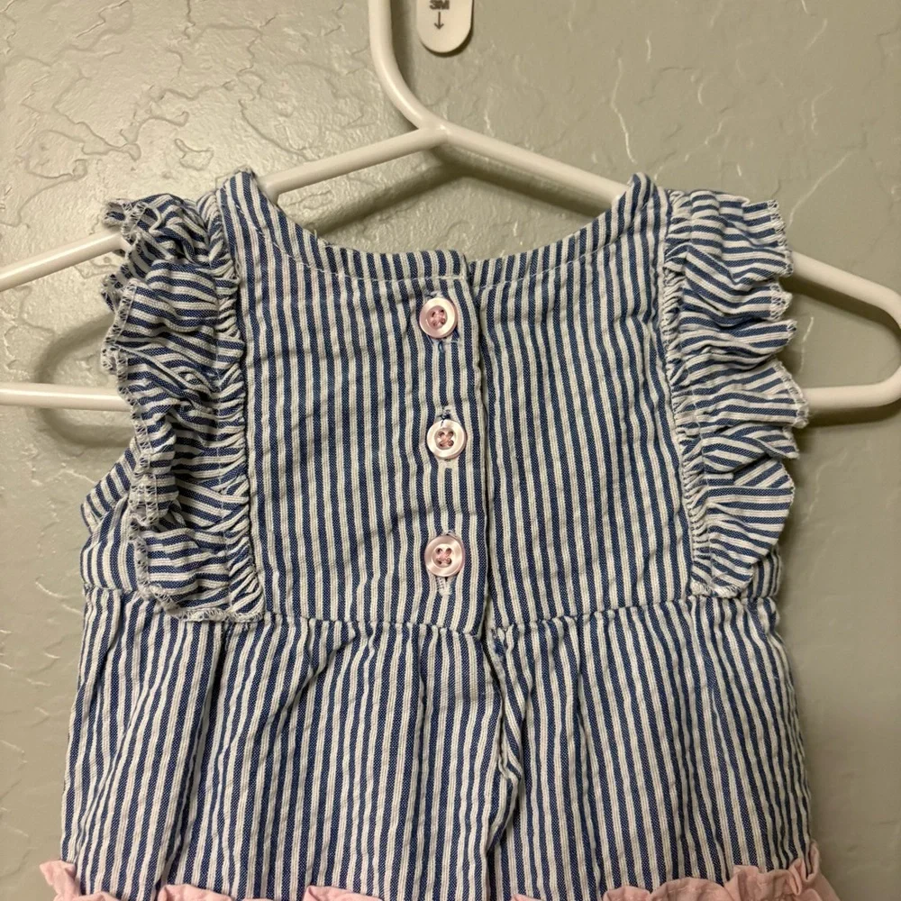 ⭐️Ruffle Butts blue and white striped pink bow ruffle romper 0-3 months